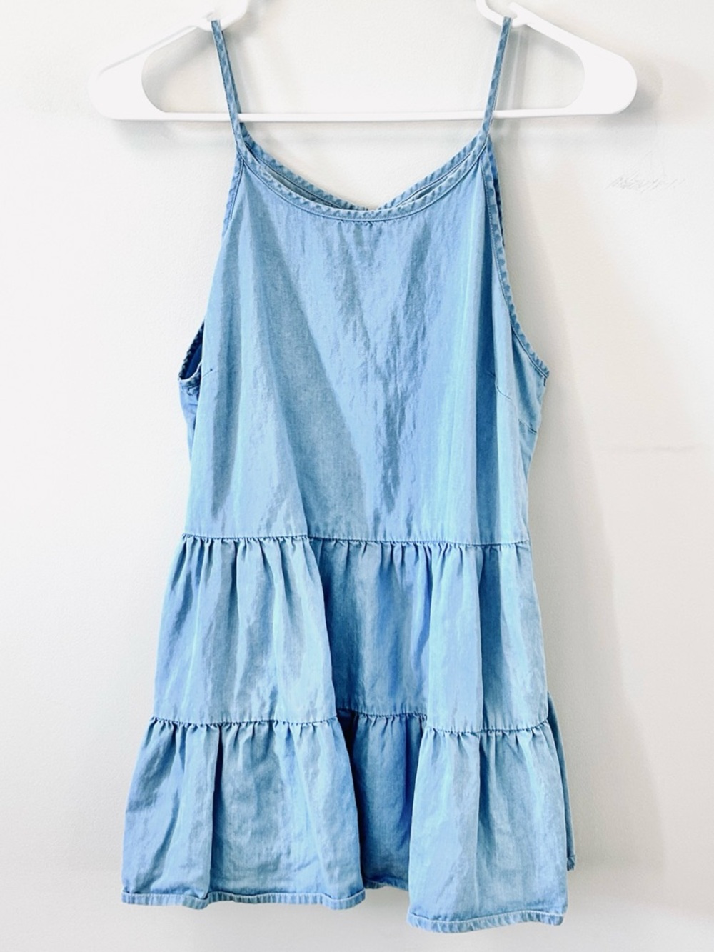 Jopna Light Denim Blue Tiered Babydoll High Neck Spaghetti-Strap Top Women’s L
